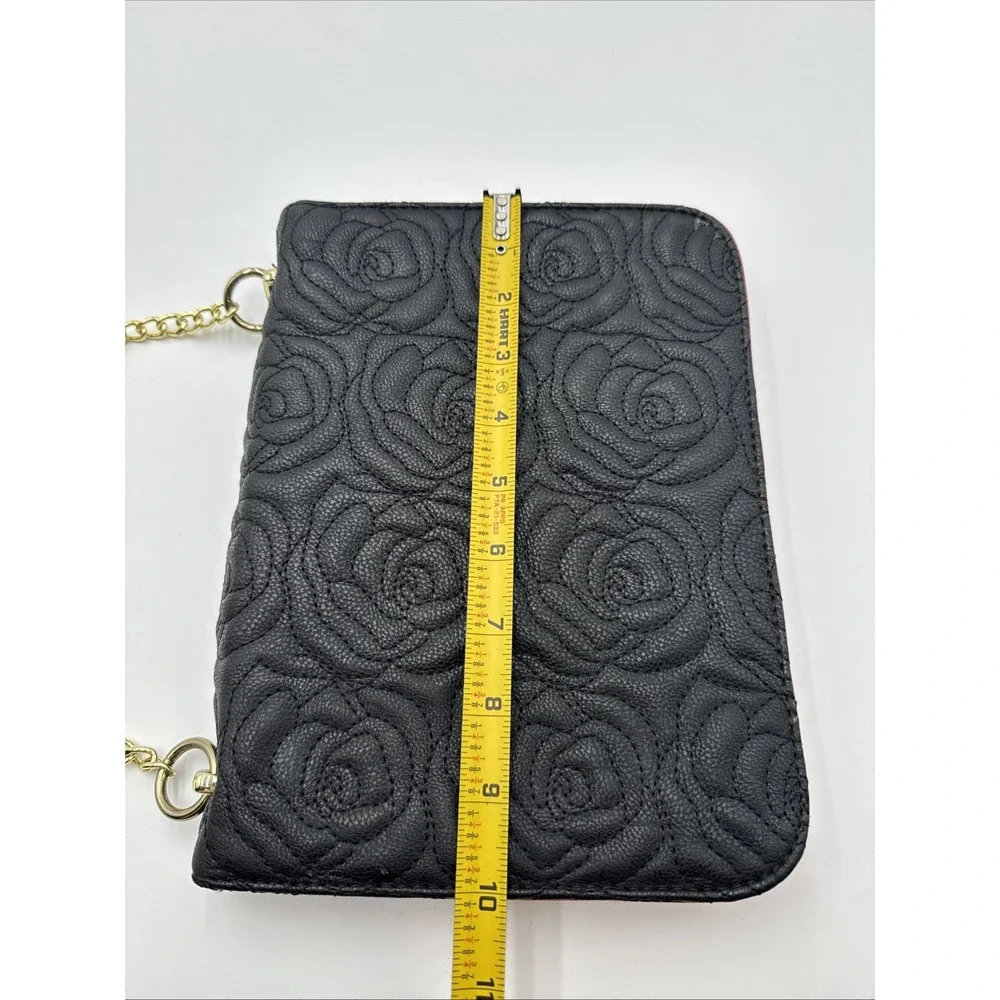 Betsey Johnson Black White Stripe Crossbody Bag Red Gold Chain Black Strap Roses